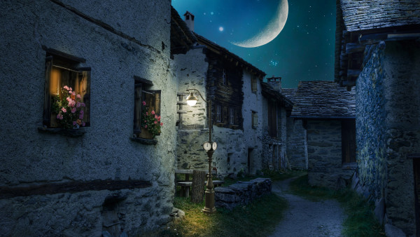 Walk through the medieval city under the moonlight