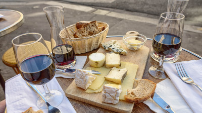Cheese, wine and bread. Good food and drink
