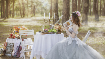 Bride in wedding outdoor scenery