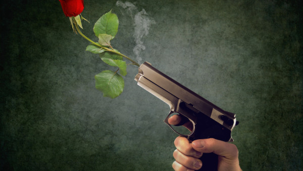 Peaceful act. Pistol and red rose