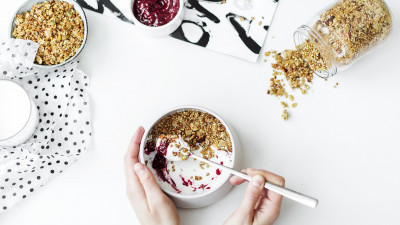 Healthy breakfast with seeds and yogurt