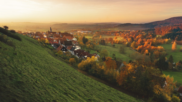 Autumn, sunset, landscape, village