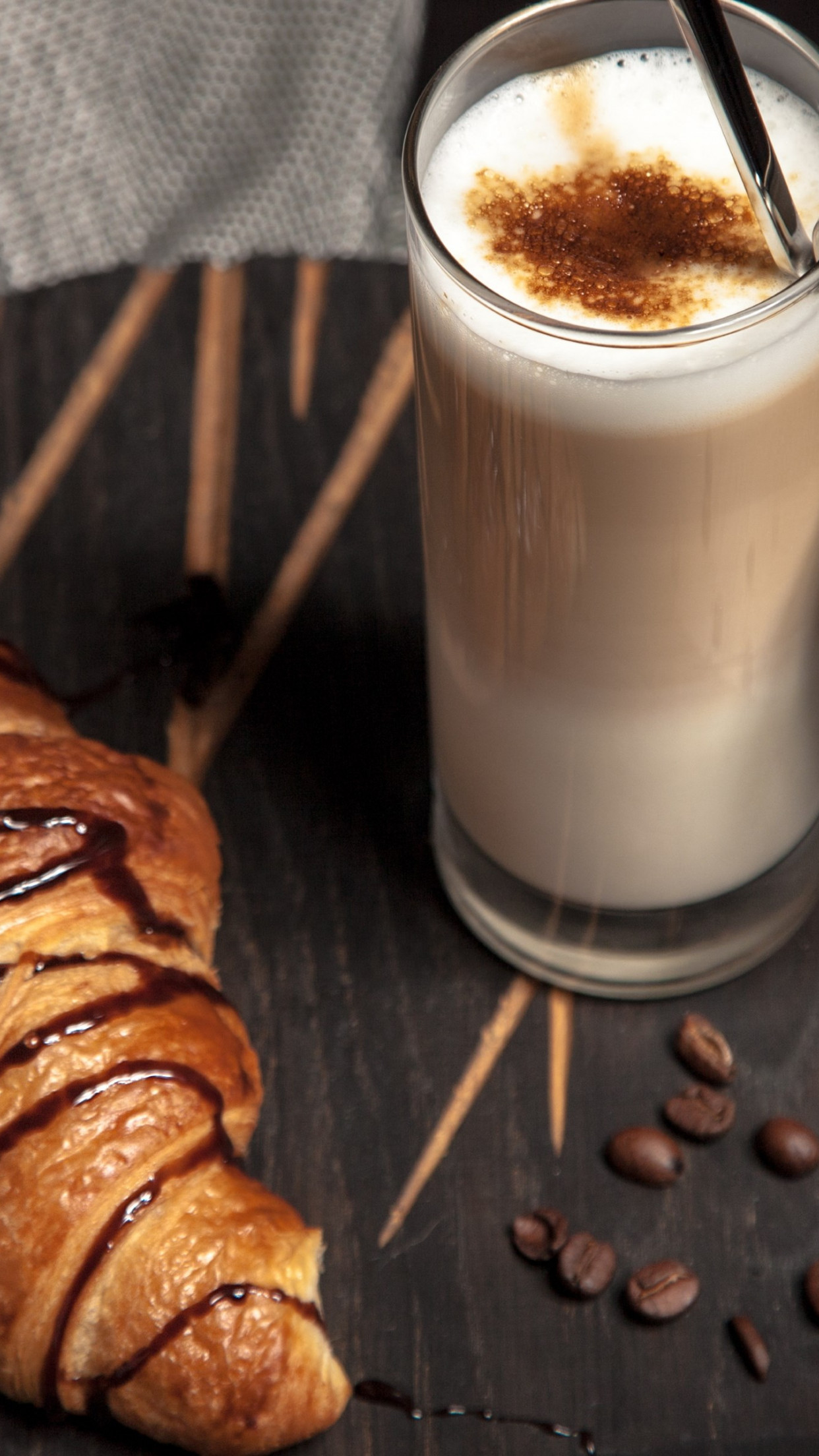 Cappuccino and chocolate croissant wallpaper 1242x2208