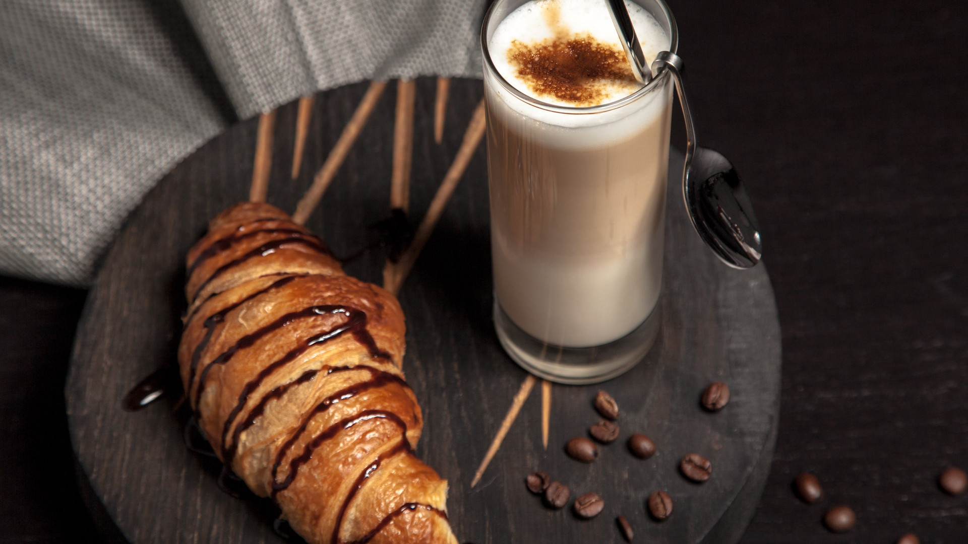 Cappuccino and chocolate croissant wallpaper 1920x1080