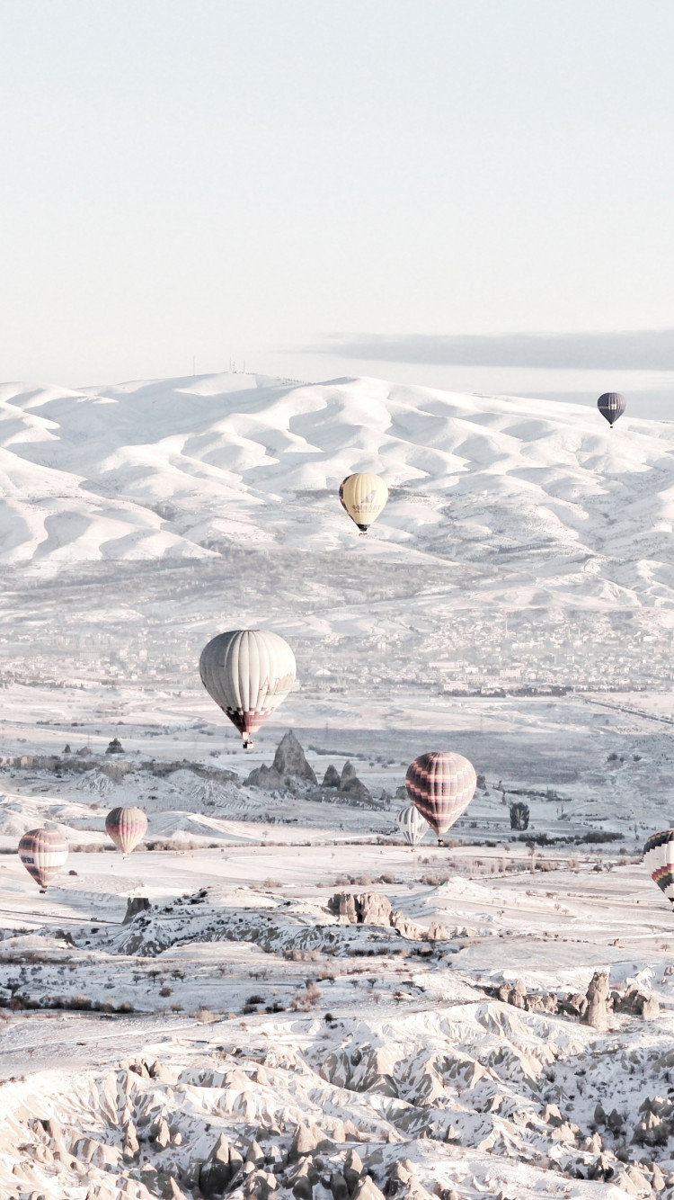 Hot air balloons in Winter landscape wallpaper 750x1334