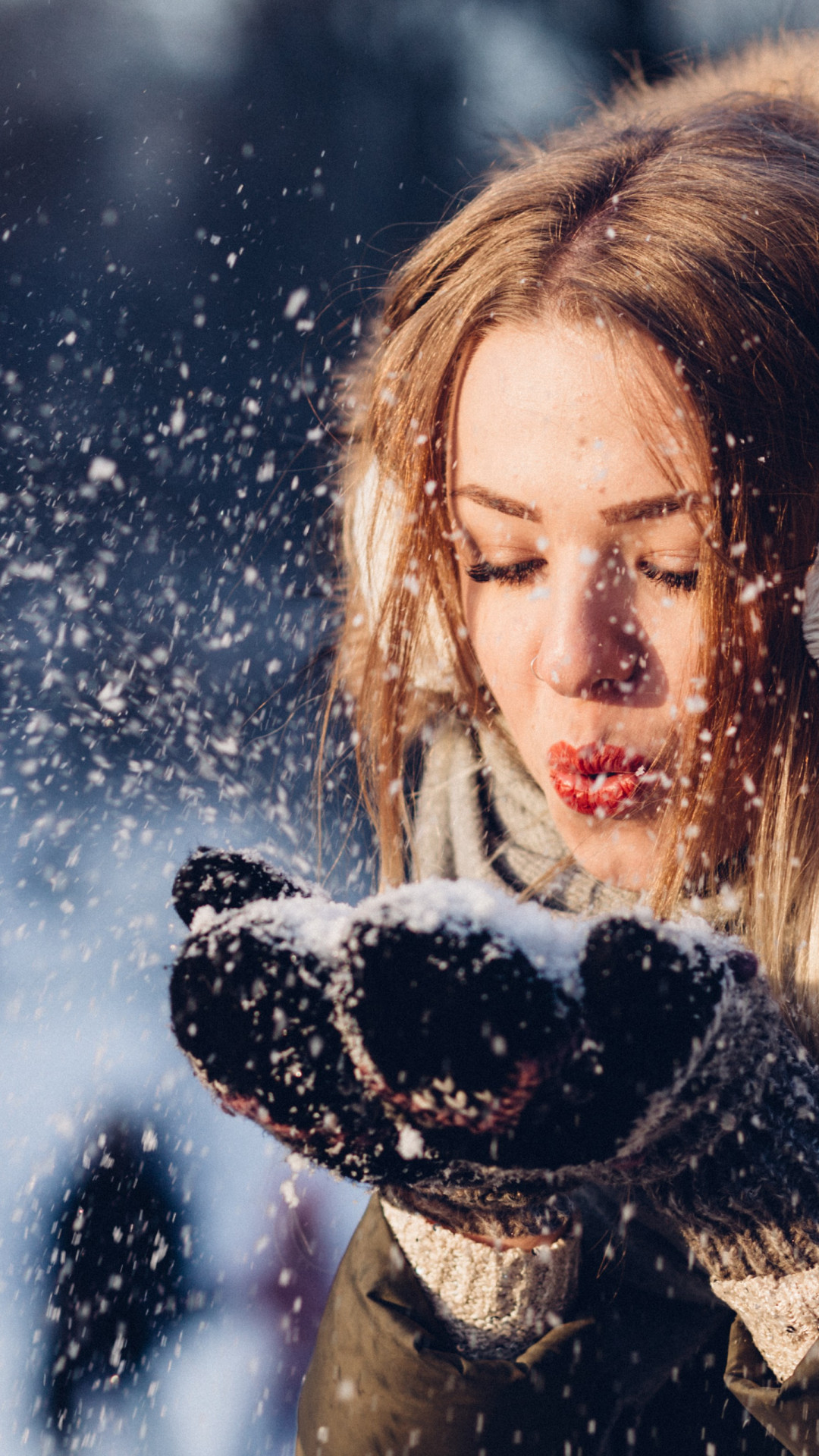 Beautiful girl in Winter landscape wallpaper 1080x1920