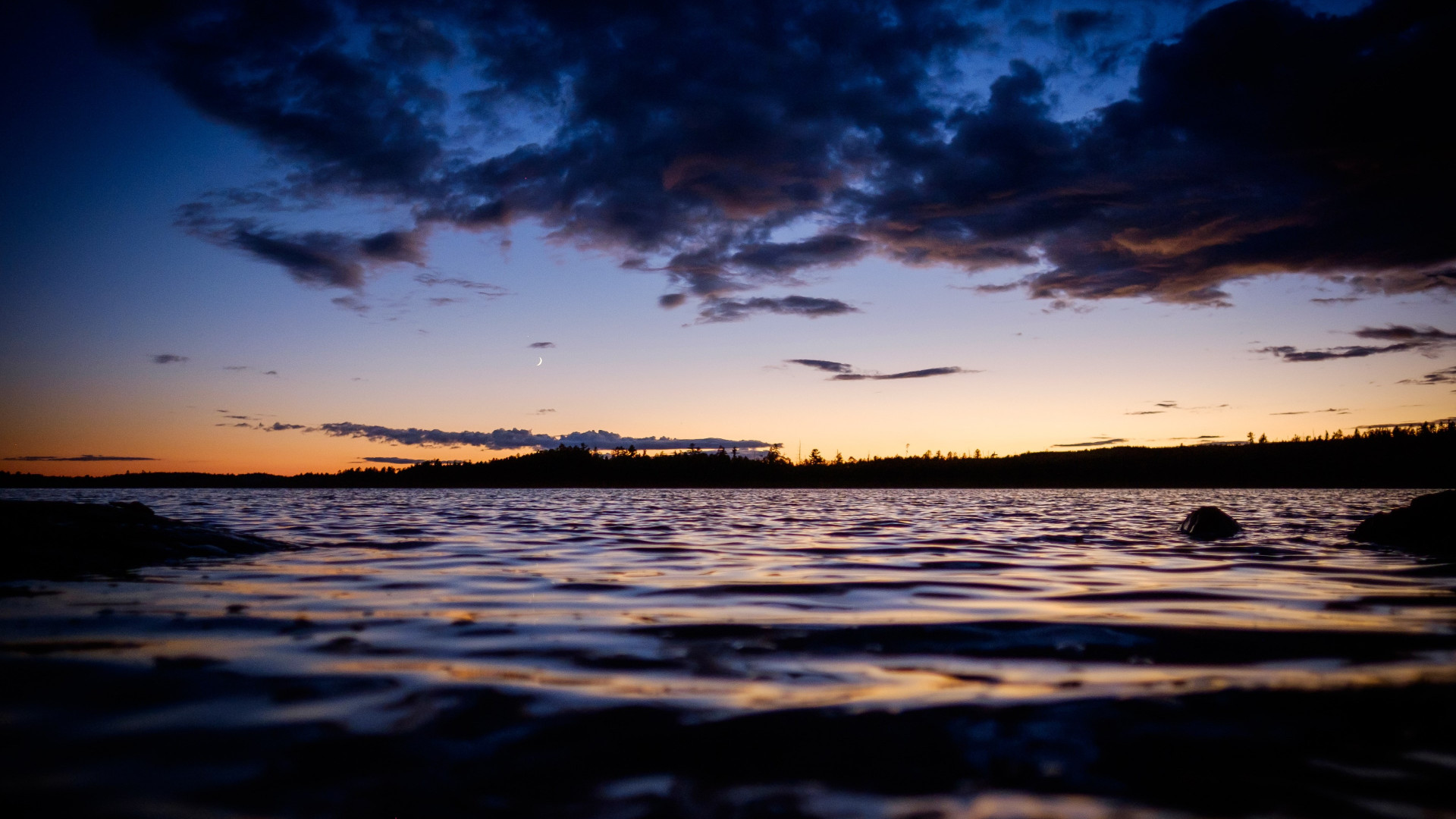 Lake, sunset, sky and the moon wallpaper 1600x900