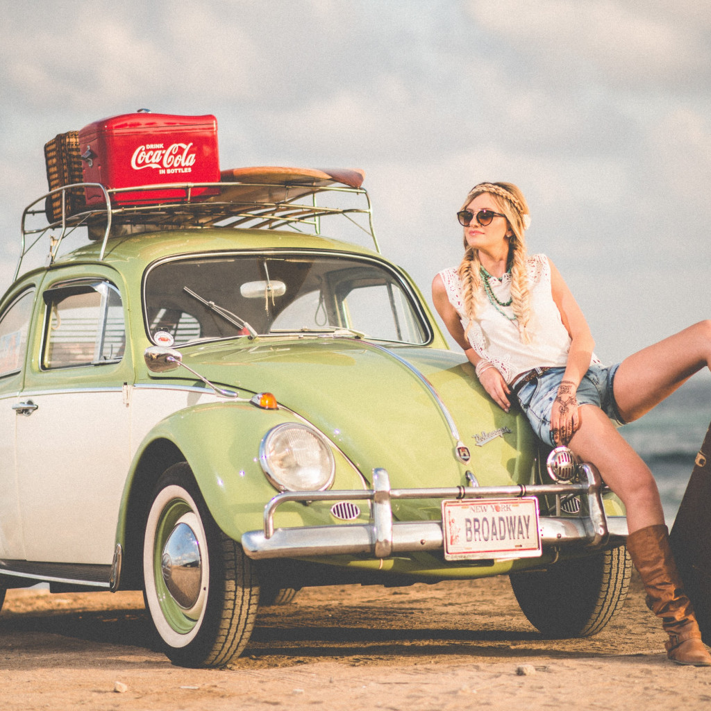VW Beetle, blonde girl, model, travel wallpaper 1024x1024