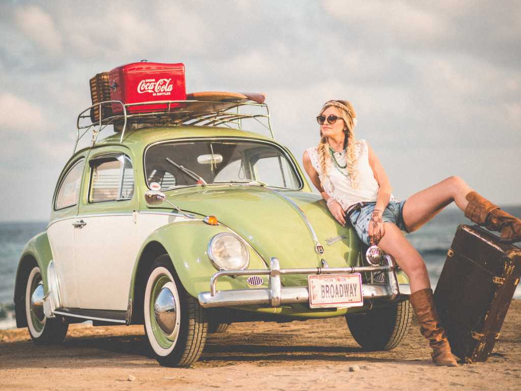 VW Beetle, blonde girl, model, travel wallpaper 1024x768