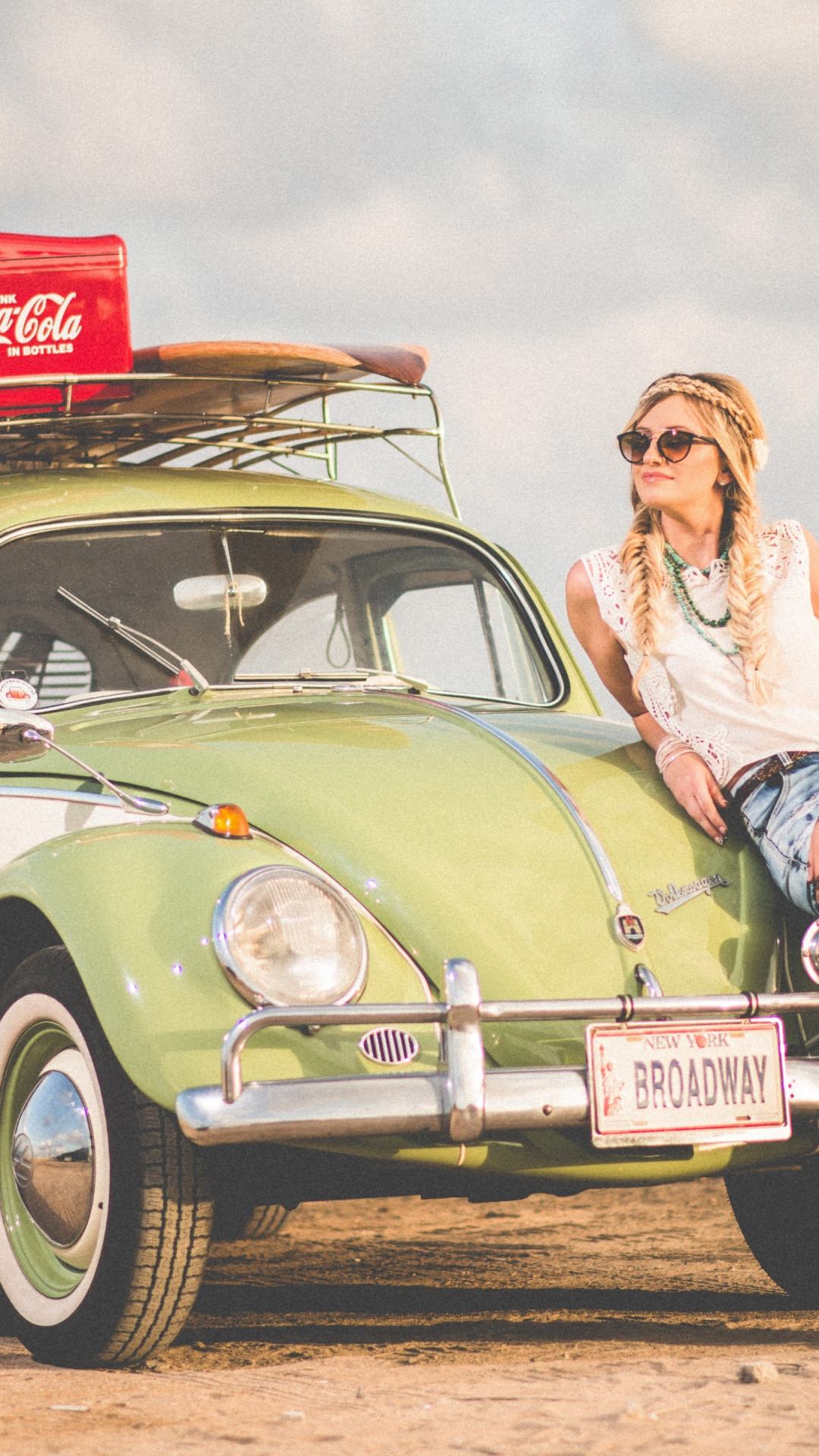 VW Beetle, blonde girl, model, travel wallpaper 1080x1920