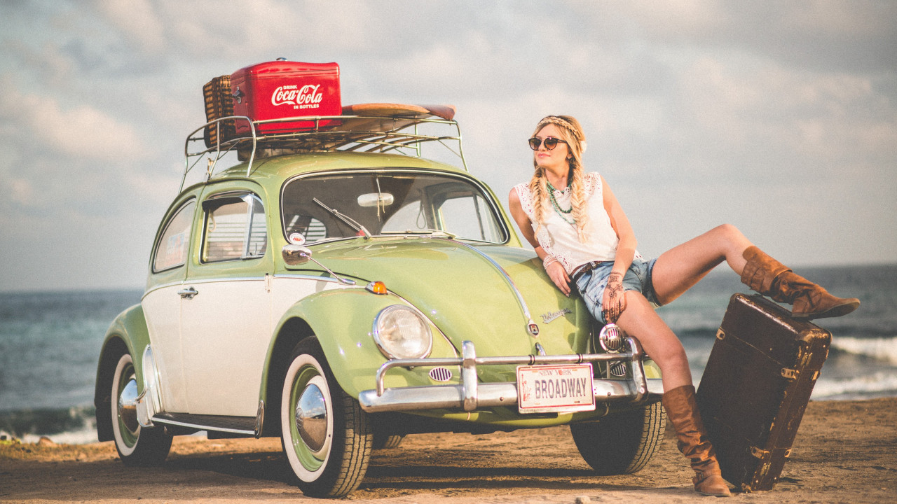 VW Beetle, blonde girl, model, travel wallpaper 1280x720