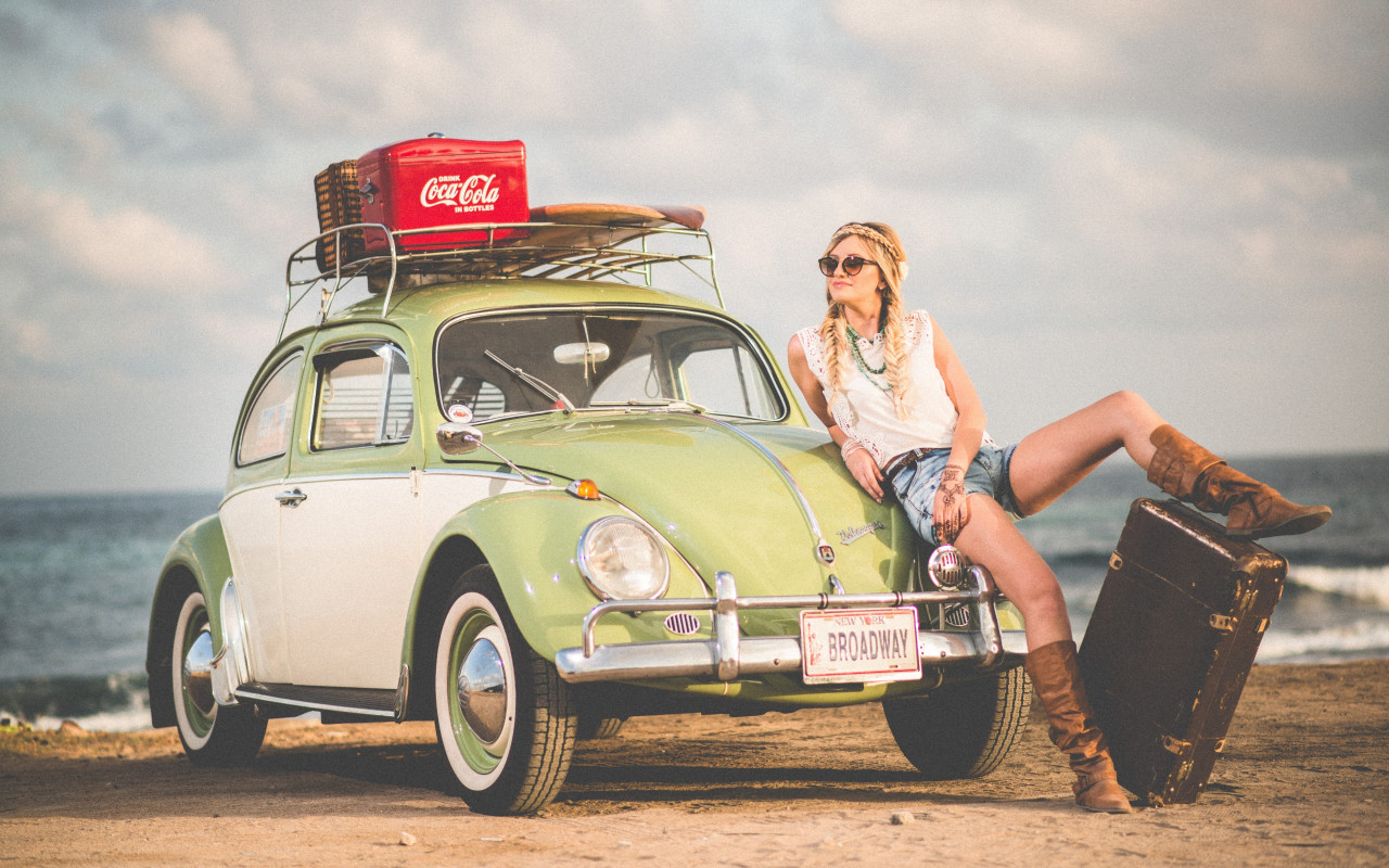 VW Beetle, blonde girl, model, travel wallpaper 1280x800