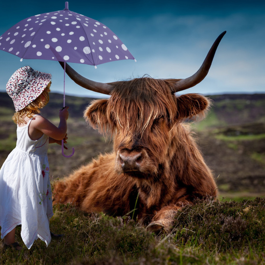 Child with the umbrella and the funny cow wallpaper 1024x1024