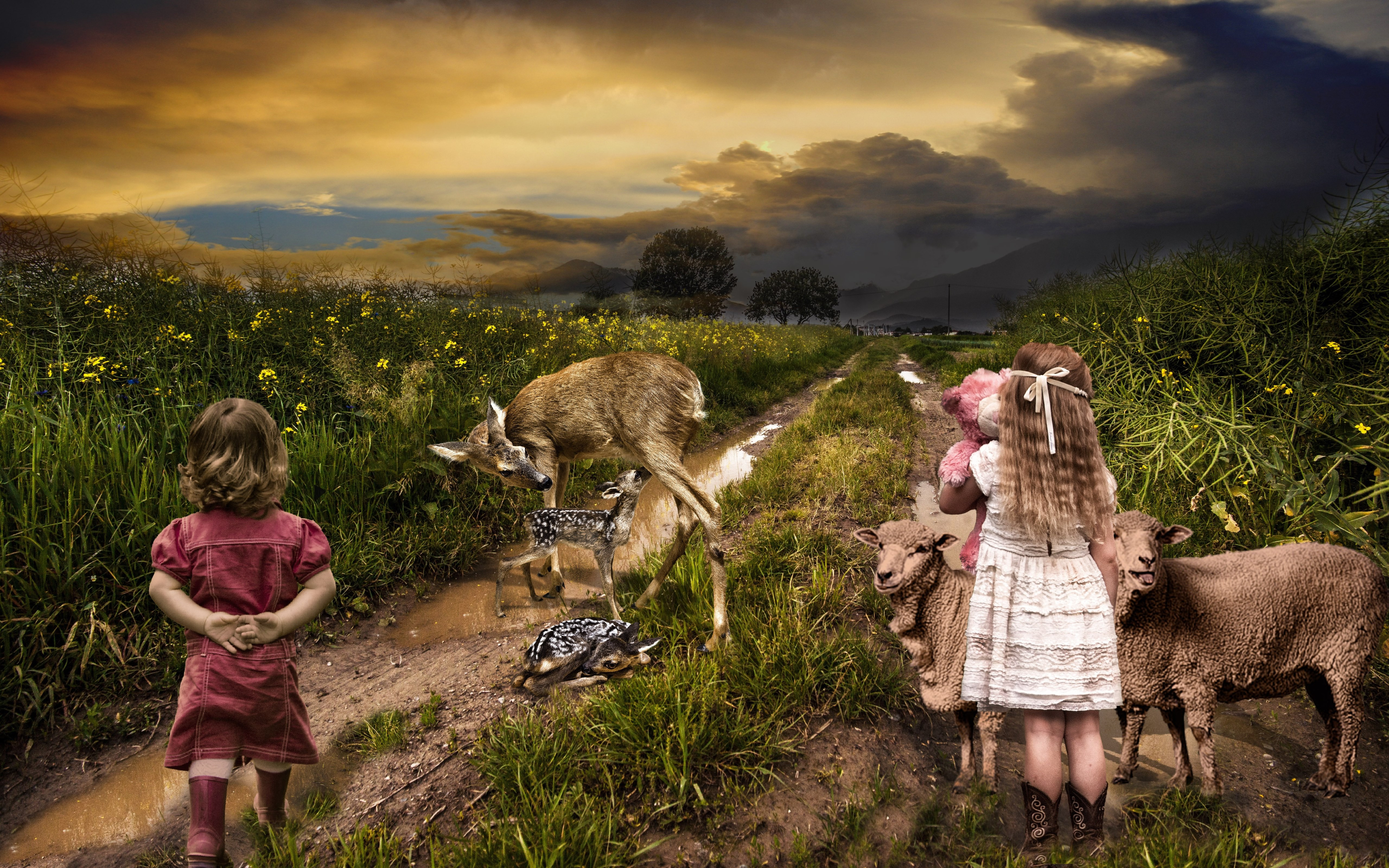 Children, sheep and deer wallpaper 5120x3200