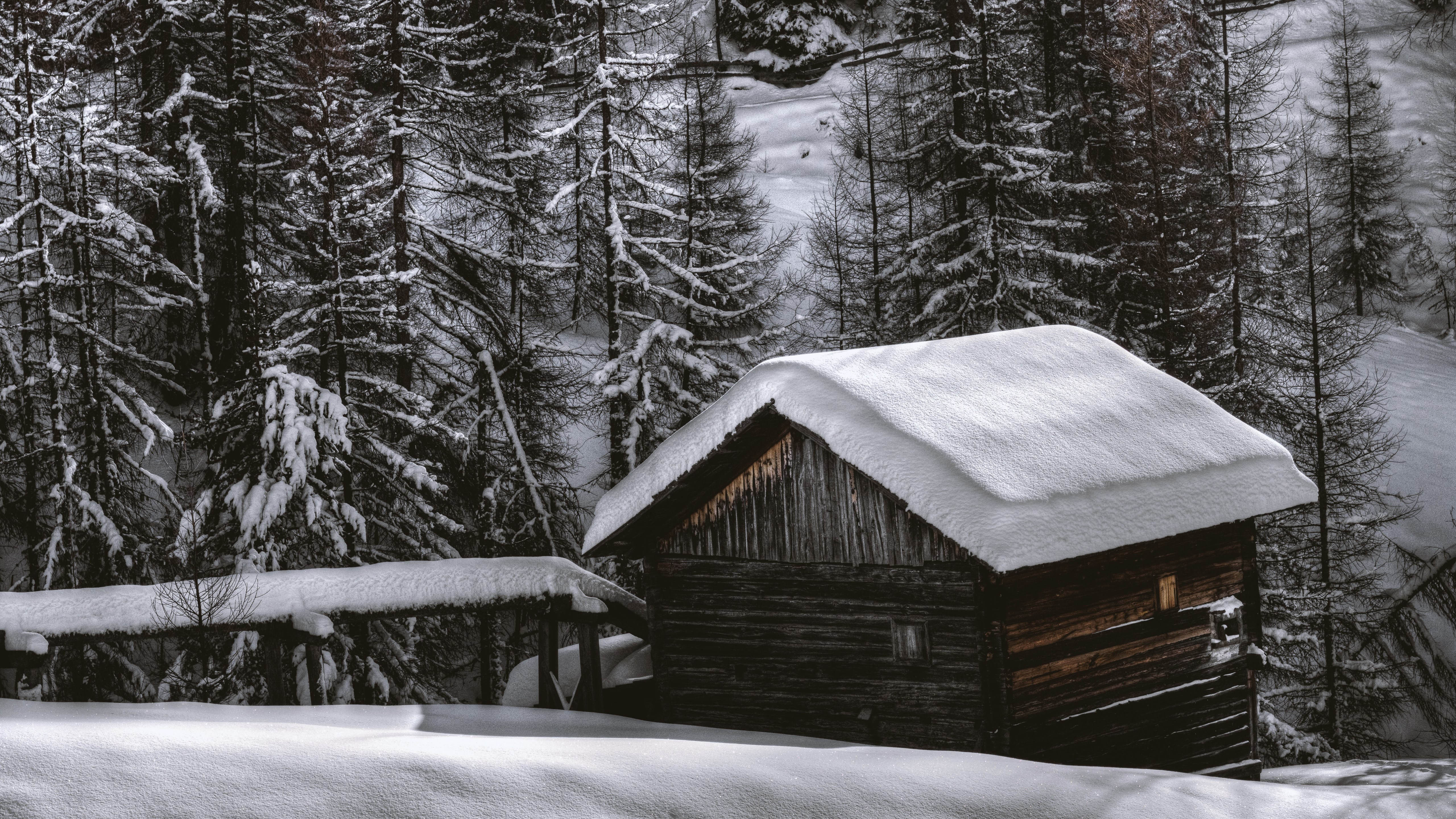 The house from the snow forest wallpaper 5120x2880