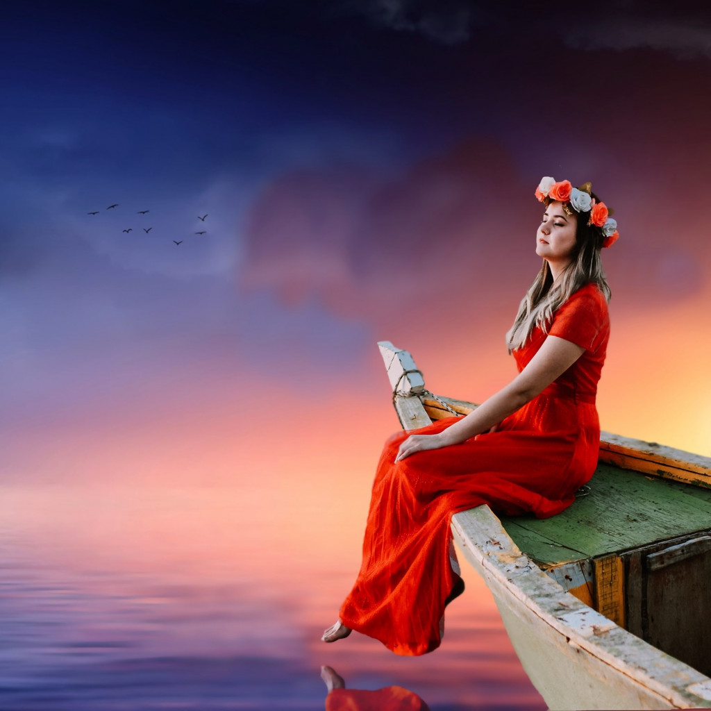 Beautiful girl, sunset, boat, lake, dreaming wallpaper 1024x1024