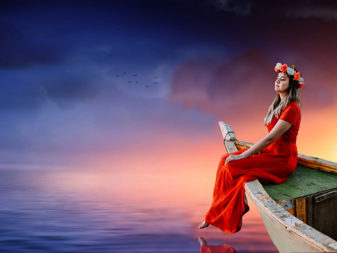 Beautiful girl, sunset, boat, lake, dreaming wallpaper 1280x960