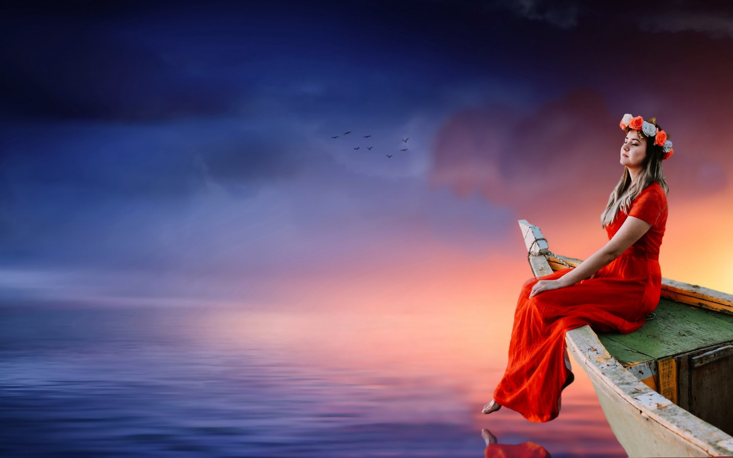 Beautiful girl, sunset, boat, lake, dreaming wallpaper 1440x900