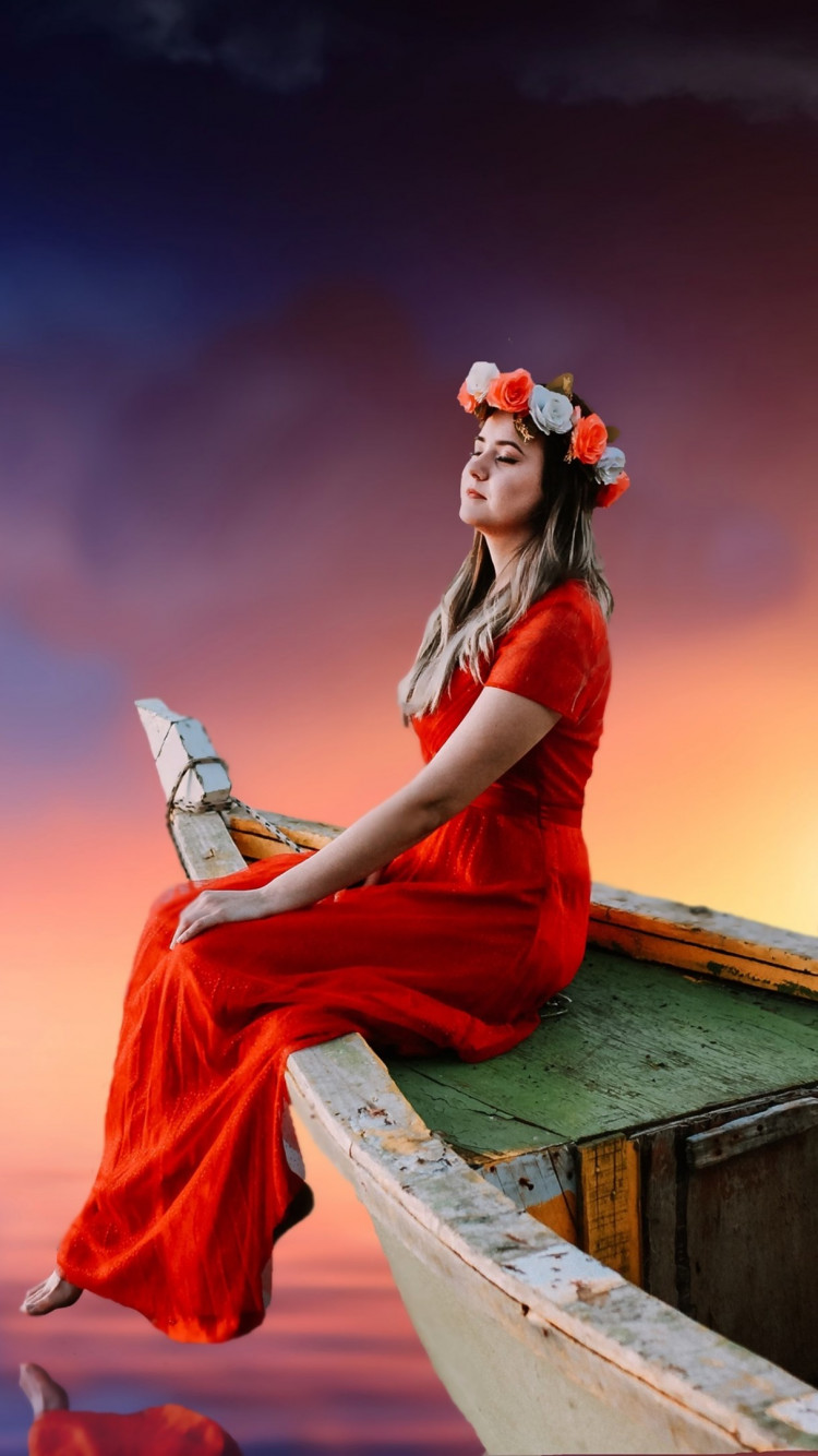 Beautiful girl, sunset, boat, lake, dreaming wallpaper 750x1334