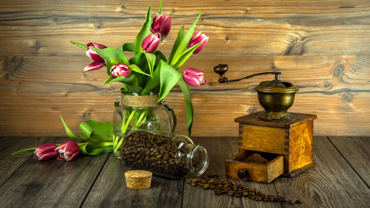 Red tulips and coffee grains wallpaper 1280x720
