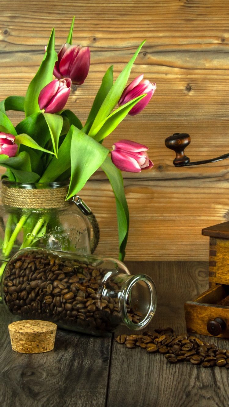 Red tulips and coffee grains wallpaper 750x1334