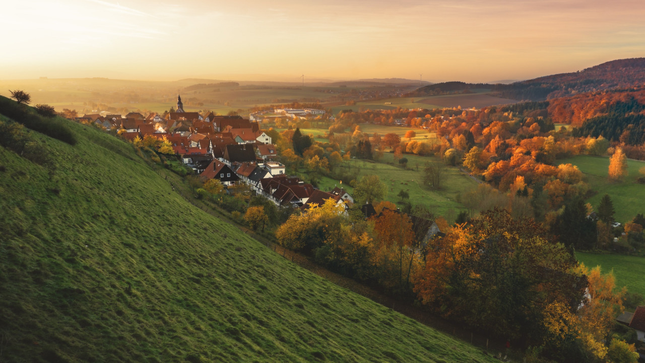 Autumn, sunset, landscape, village wallpaper 1280x720