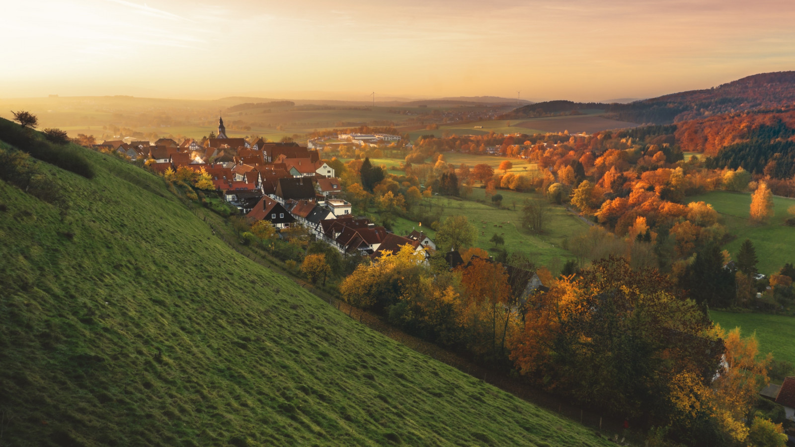 Autumn, sunset, landscape, village wallpaper 1600x900