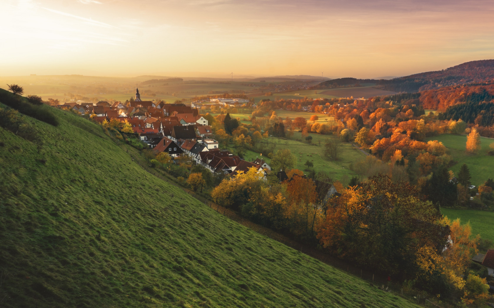 Autumn, sunset, landscape, village wallpaper 1680x1050