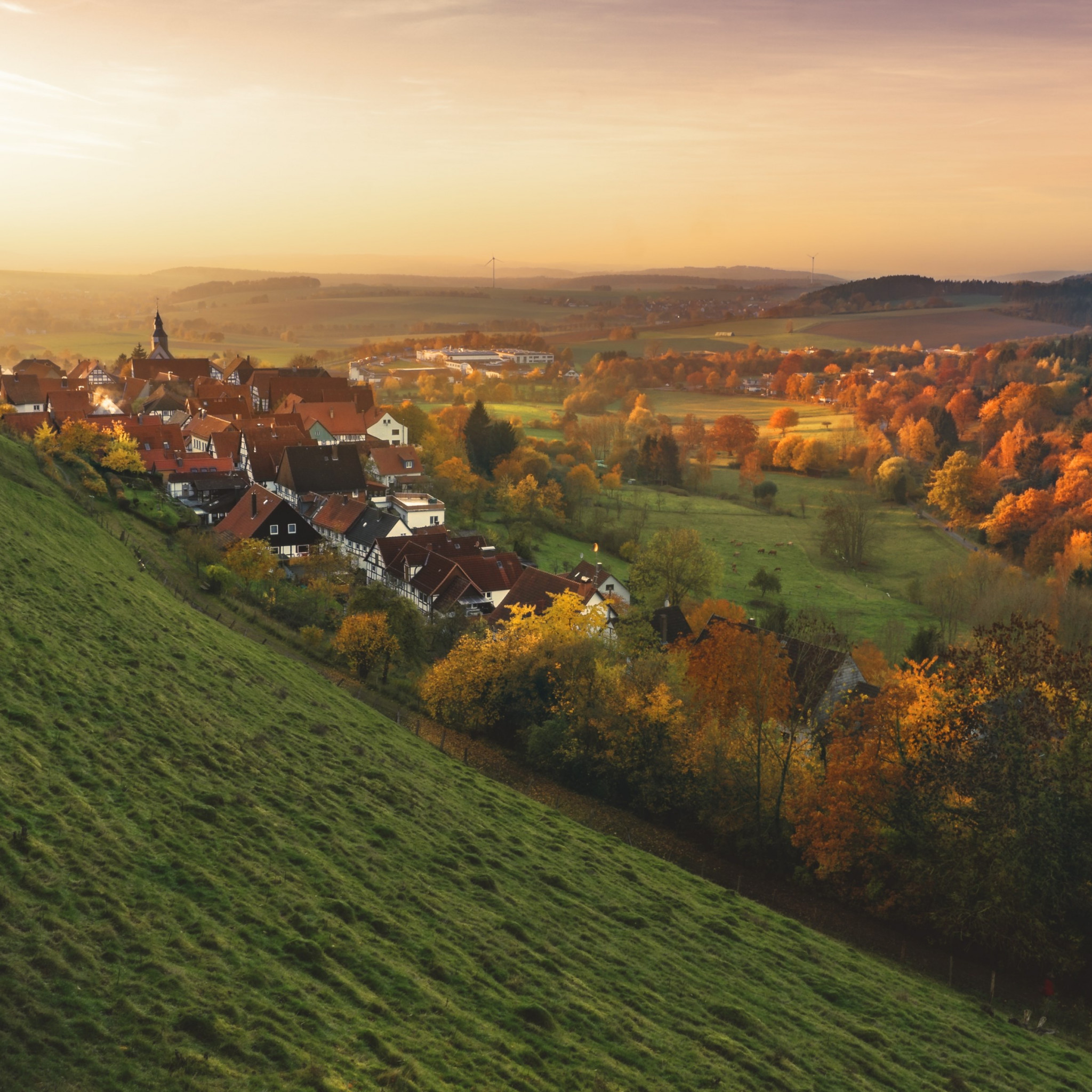 Autumn, sunset, landscape, village wallpaper 2048x2048