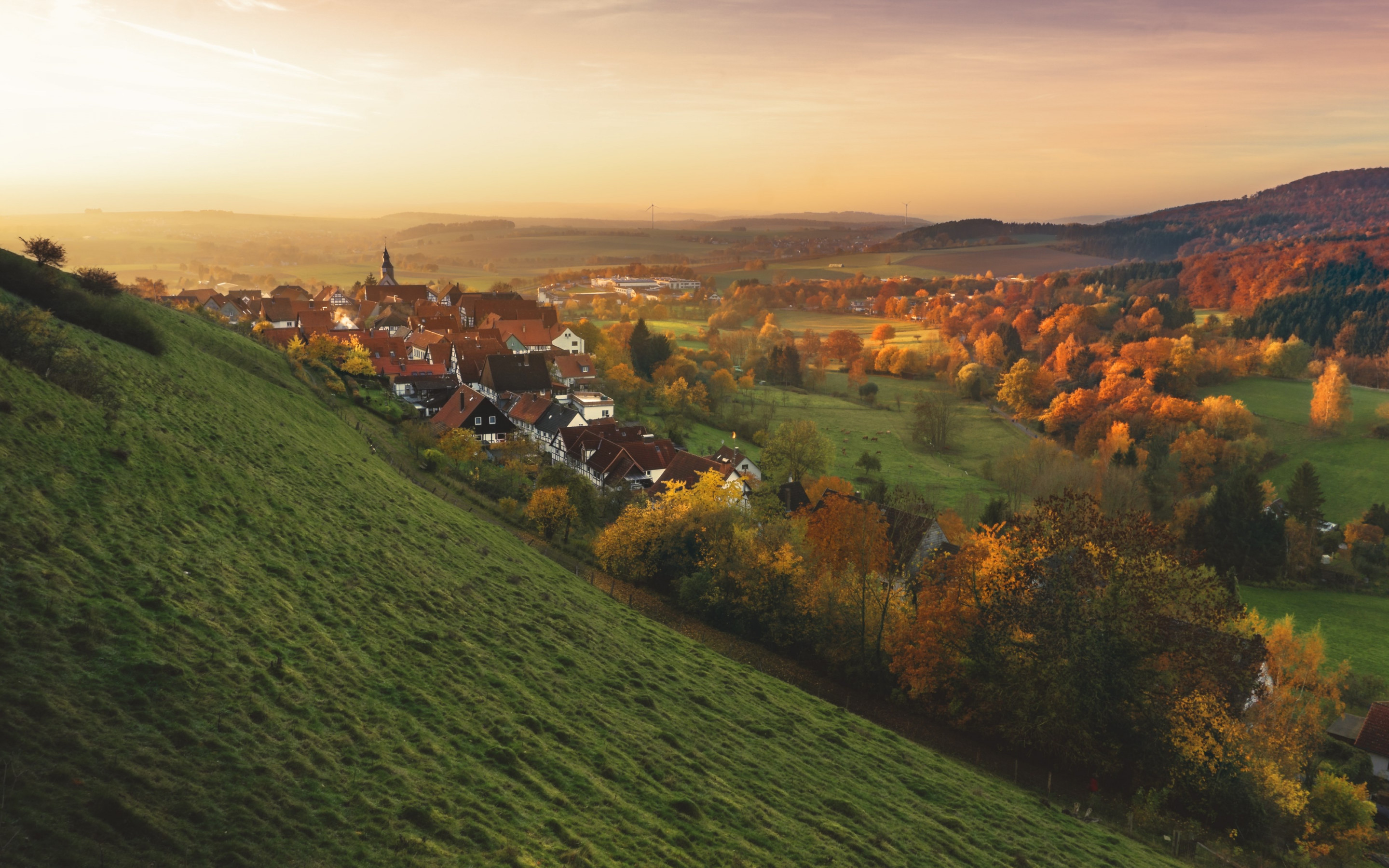 Autumn, sunset, landscape, village wallpaper 2880x1800