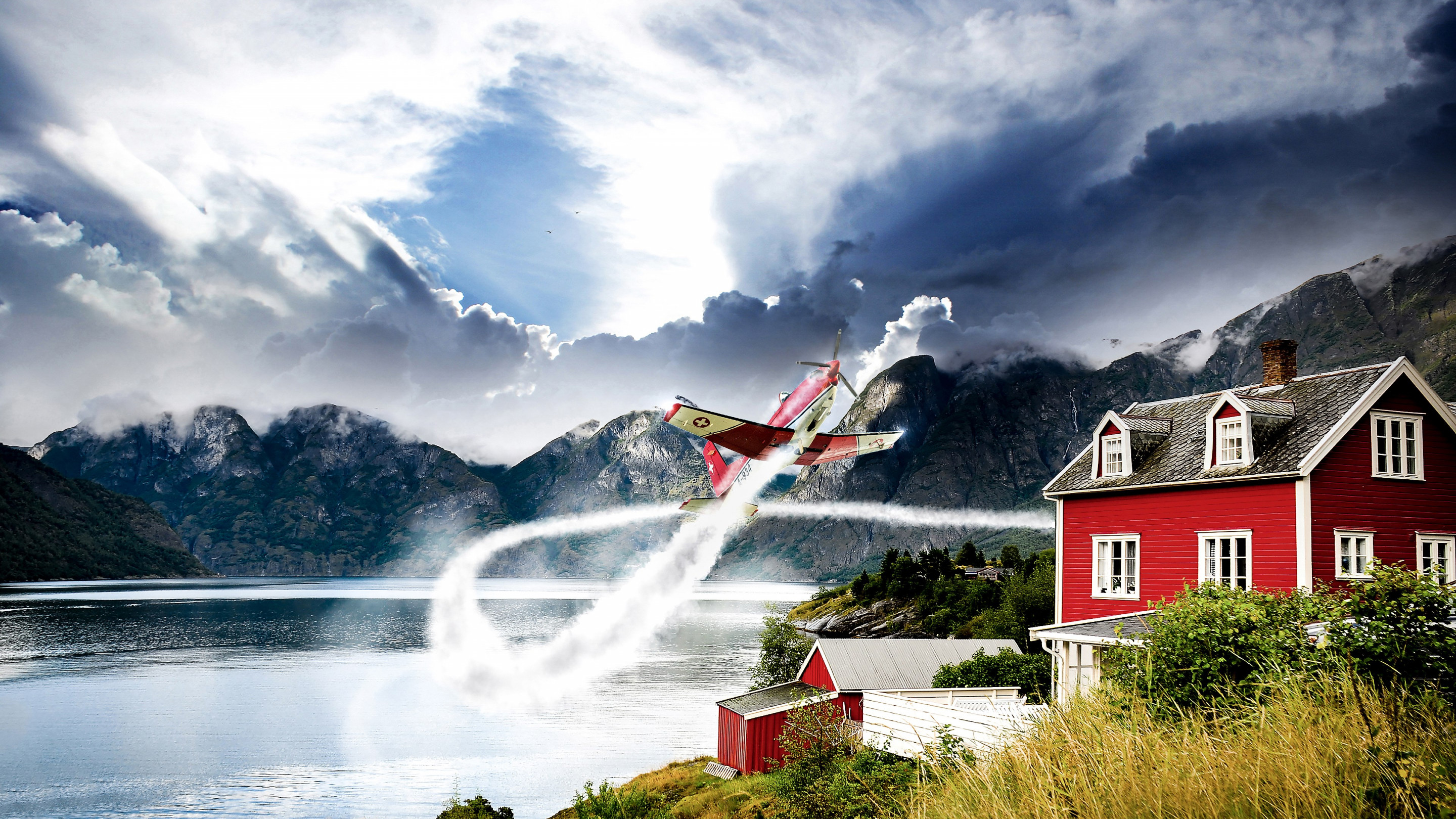 Norway vastness and one airplane wallpaper 2880x1620