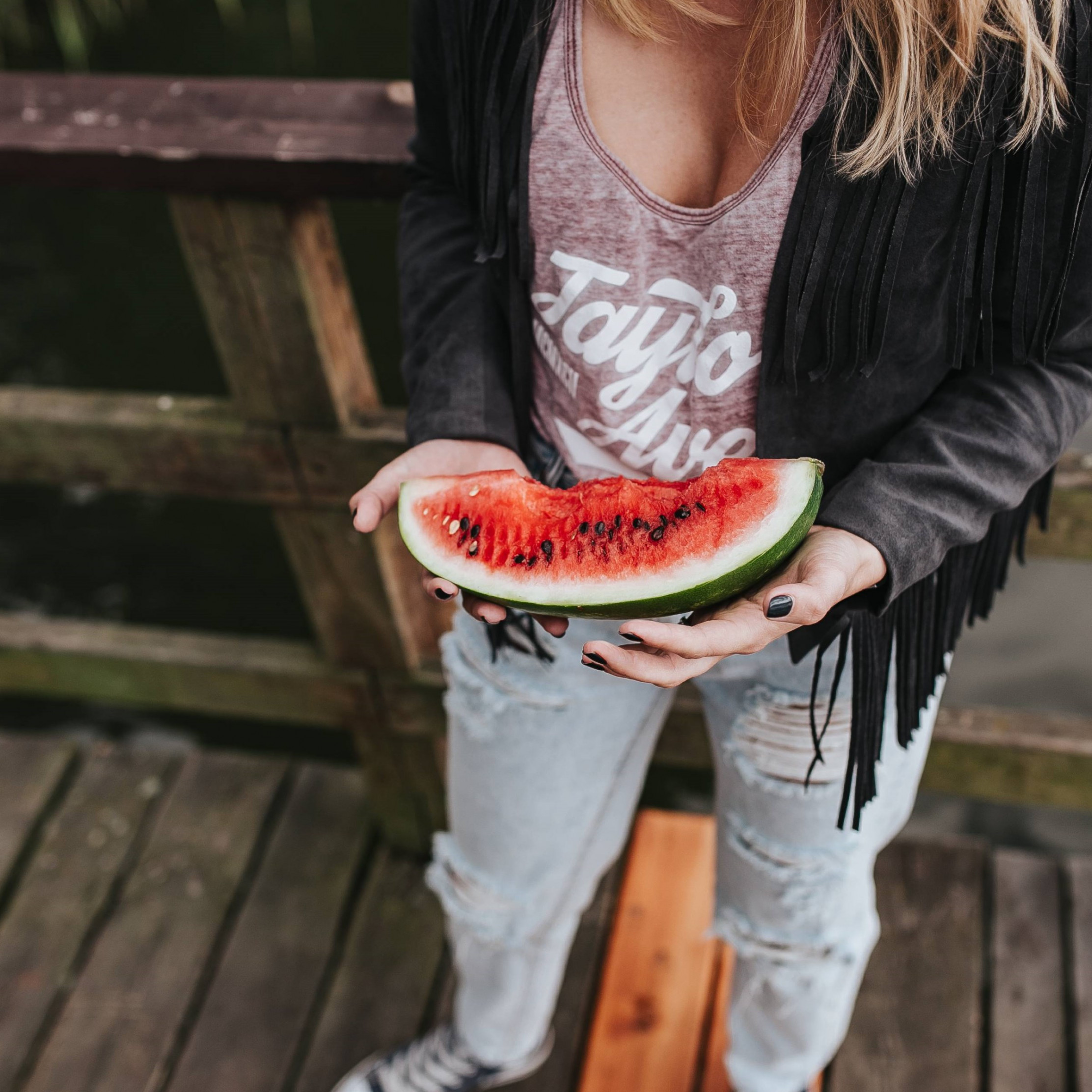 The girl with a watermelon slice wallpaper 2224x2224