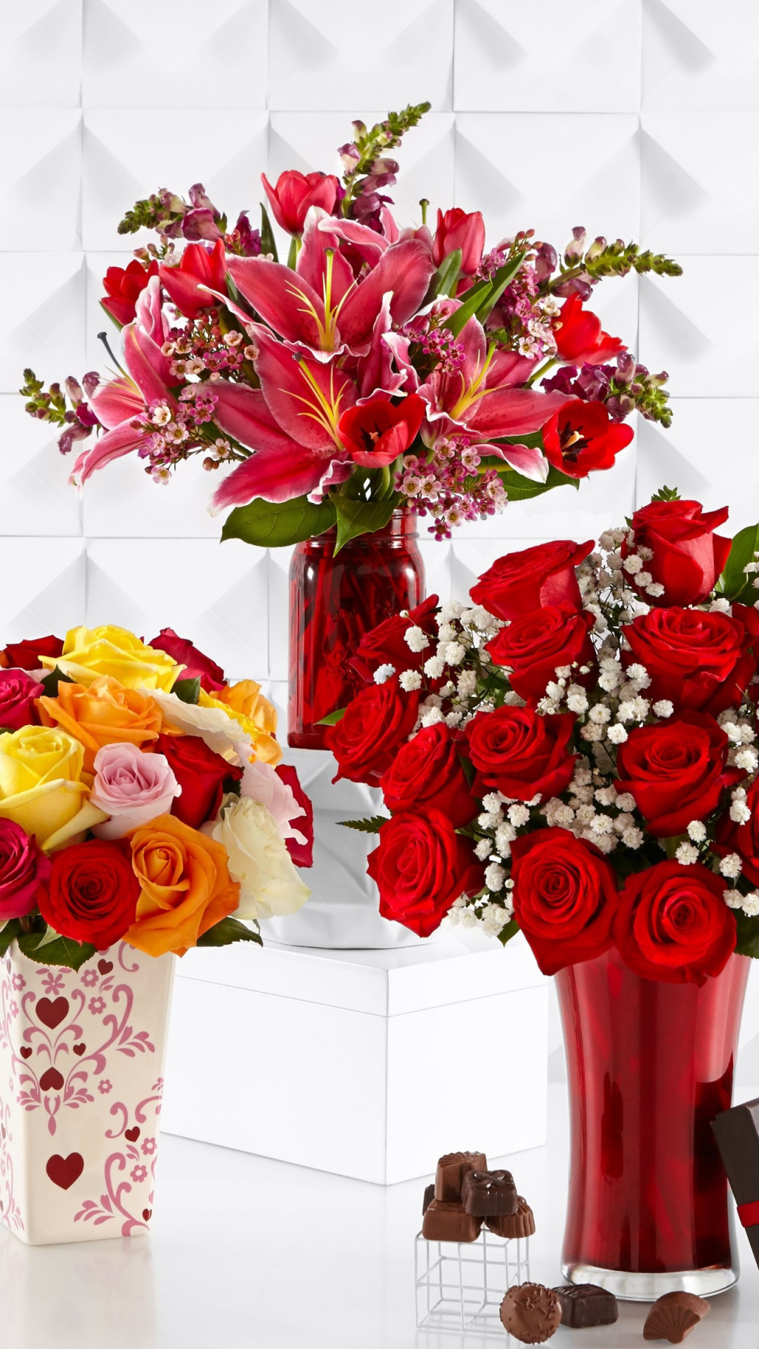 Bouquets of roses, lilies and tulips wallpaper 1080x1920