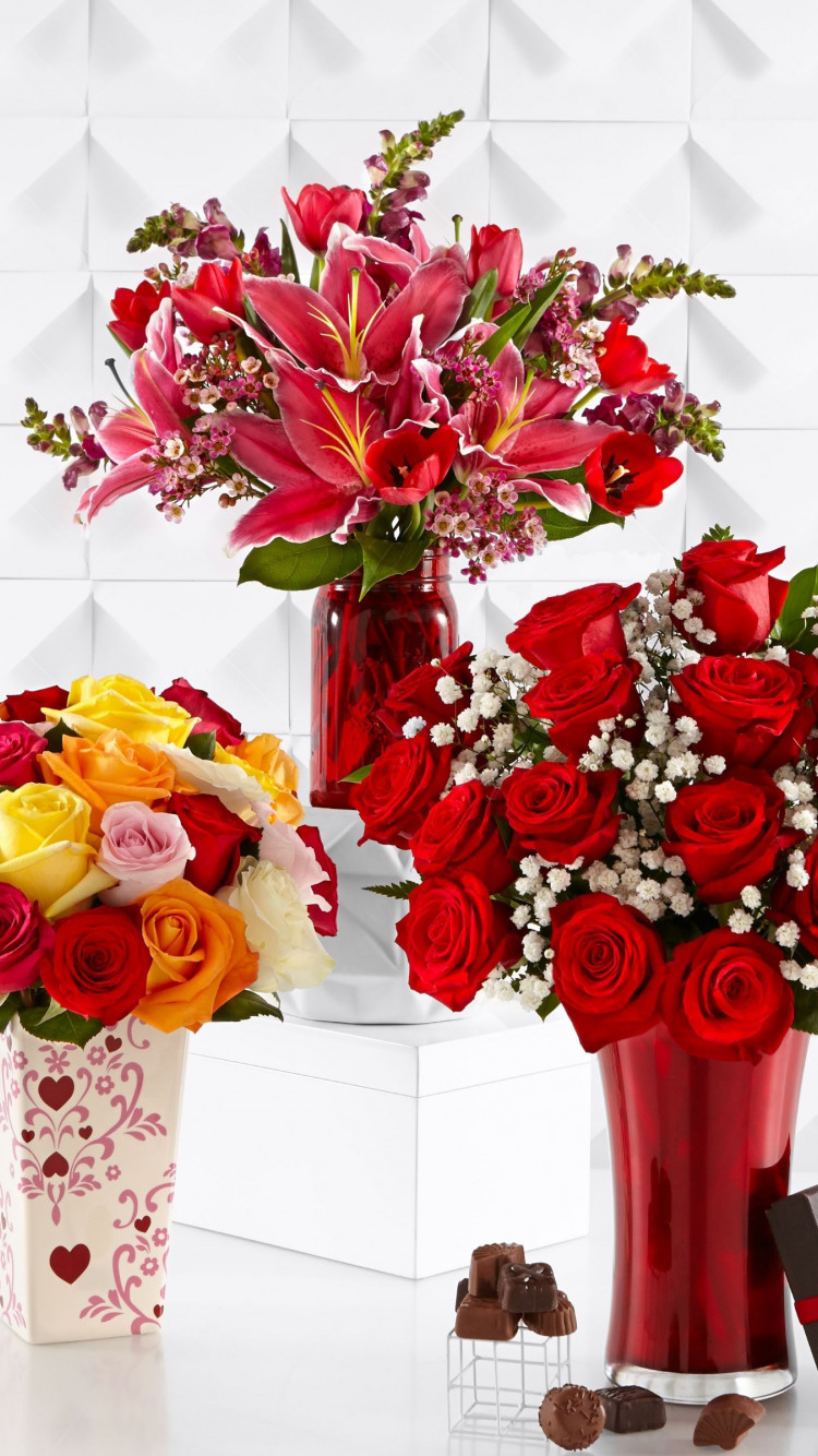Bouquets of roses, lilies and tulips wallpaper 750x1334