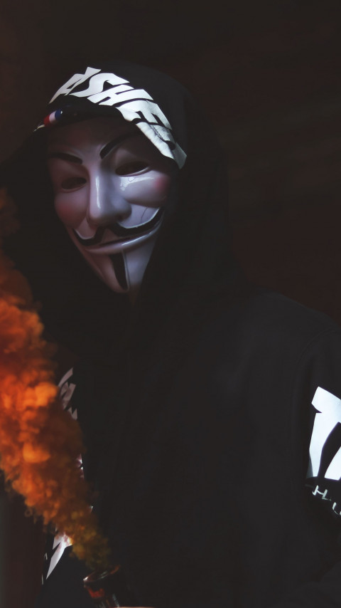 Download wallpaper: Anonymous mask and orange smoke 480x854