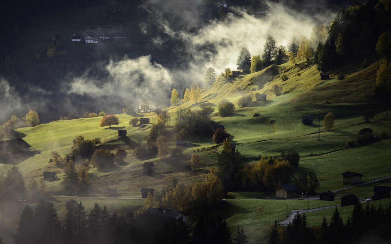 Fog, landscape and a village wallpaper 1280x800