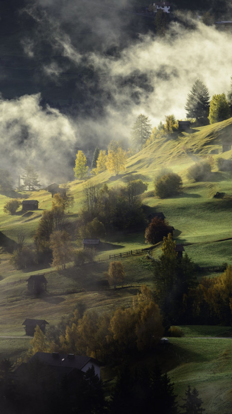 Fog, landscape and a village wallpaper 480x854