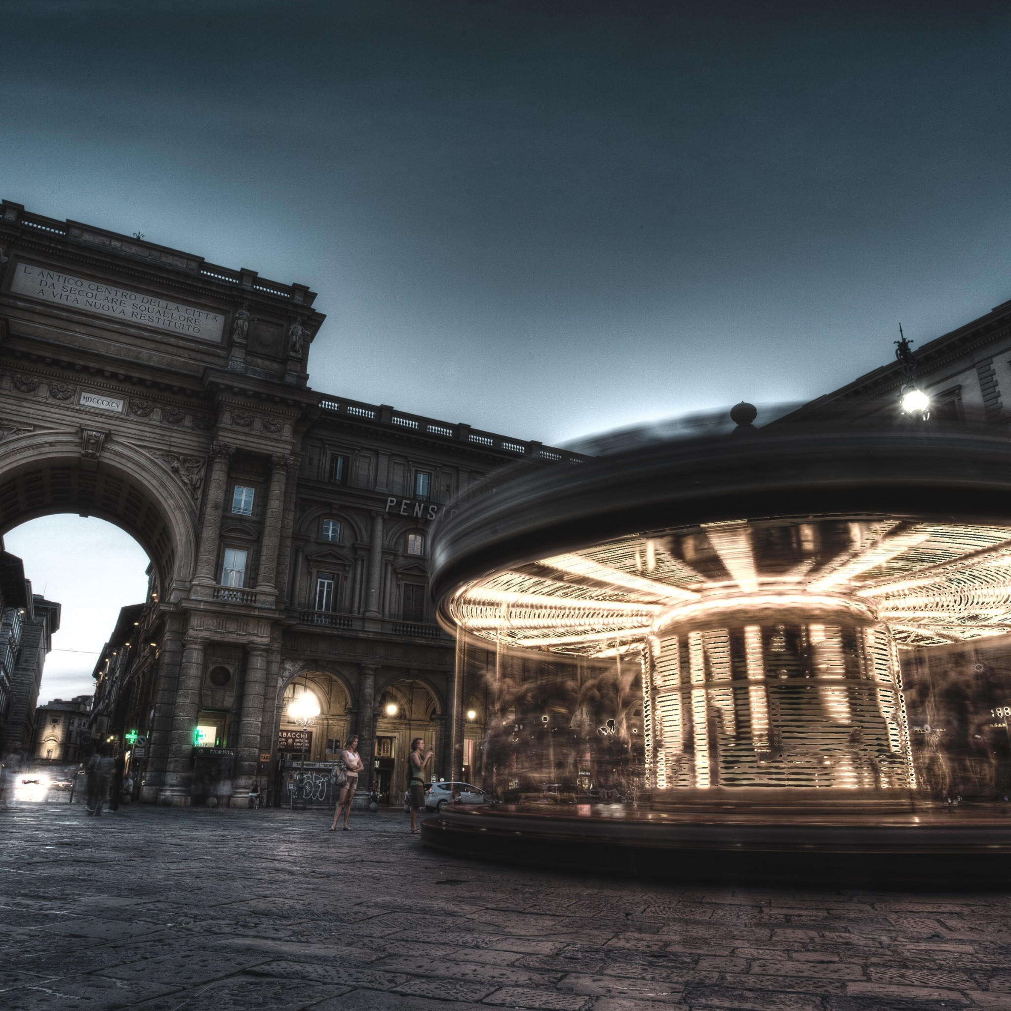Carousel, people and buildings from Florence wallpaper 2048x2048