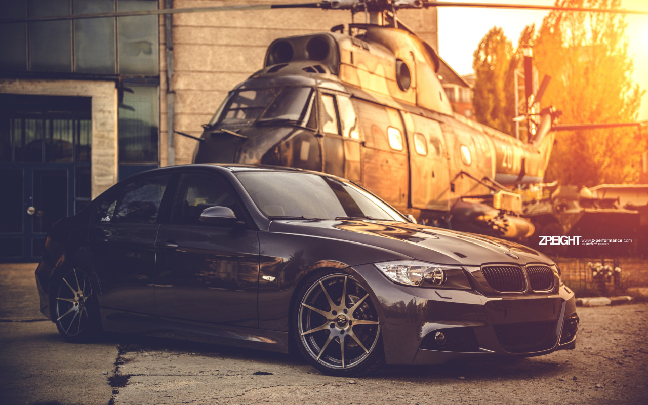 BMW E90 and one helicopter wallpaper 1280x800
