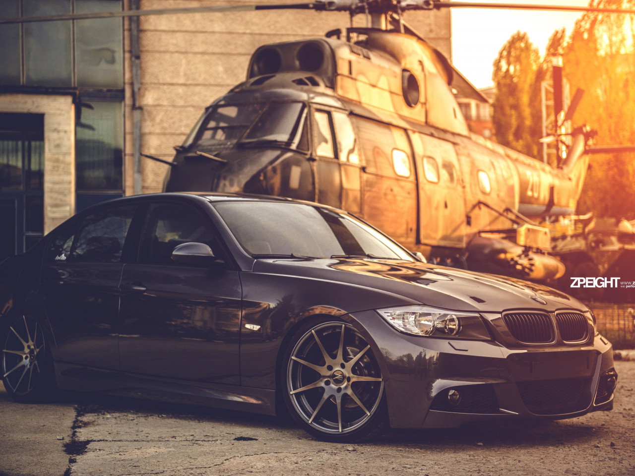 BMW E90 and one helicopter wallpaper 1280x960