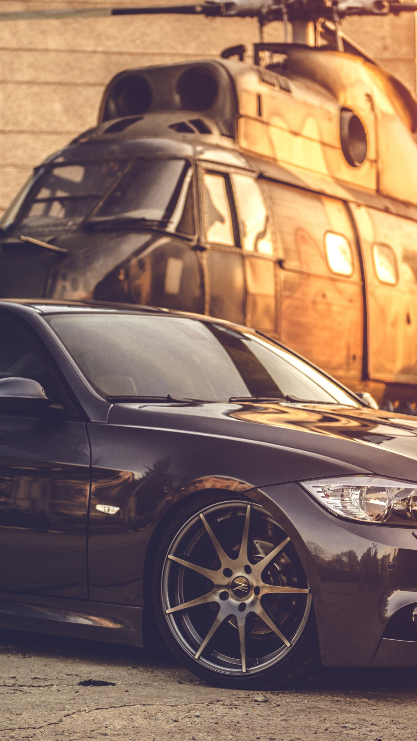 BMW E90 and one helicopter wallpaper 1440x2560
