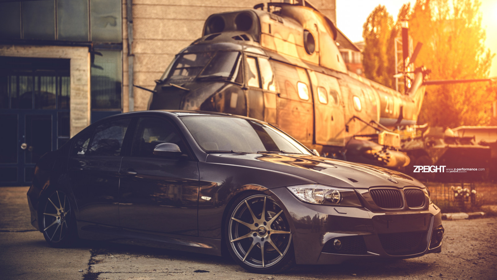 BMW E90 and one helicopter wallpaper 1600x900