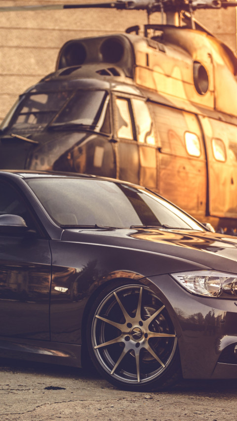 BMW E90 and one helicopter wallpaper 480x854
