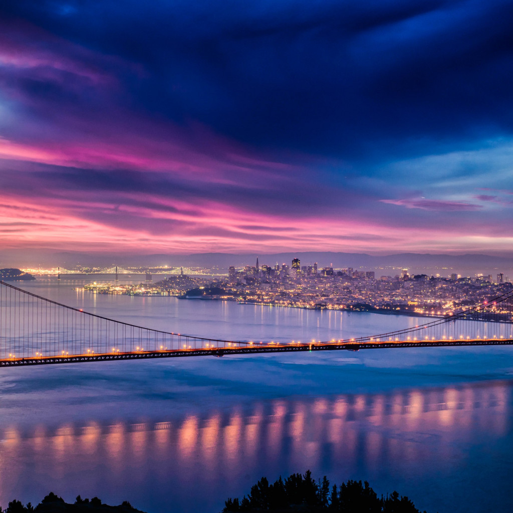 Skyfire over San Francisco Bay Bridge wallpaper 1024x1024