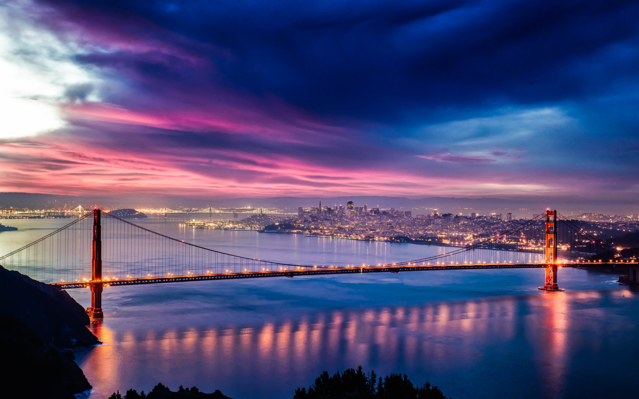 Skyfire over San Francisco Bay Bridge wallpaper 1280x800