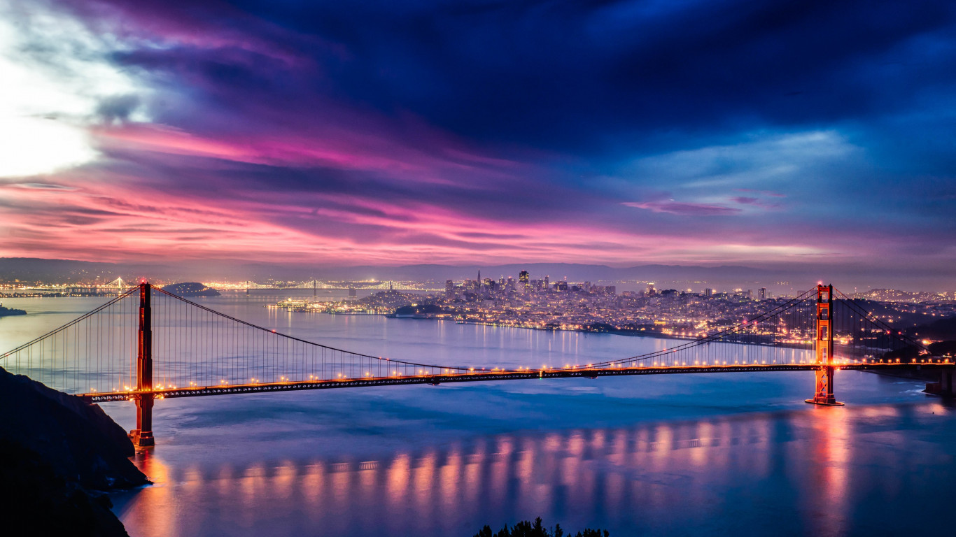 Skyfire over San Francisco Bay Bridge wallpaper 1366x768