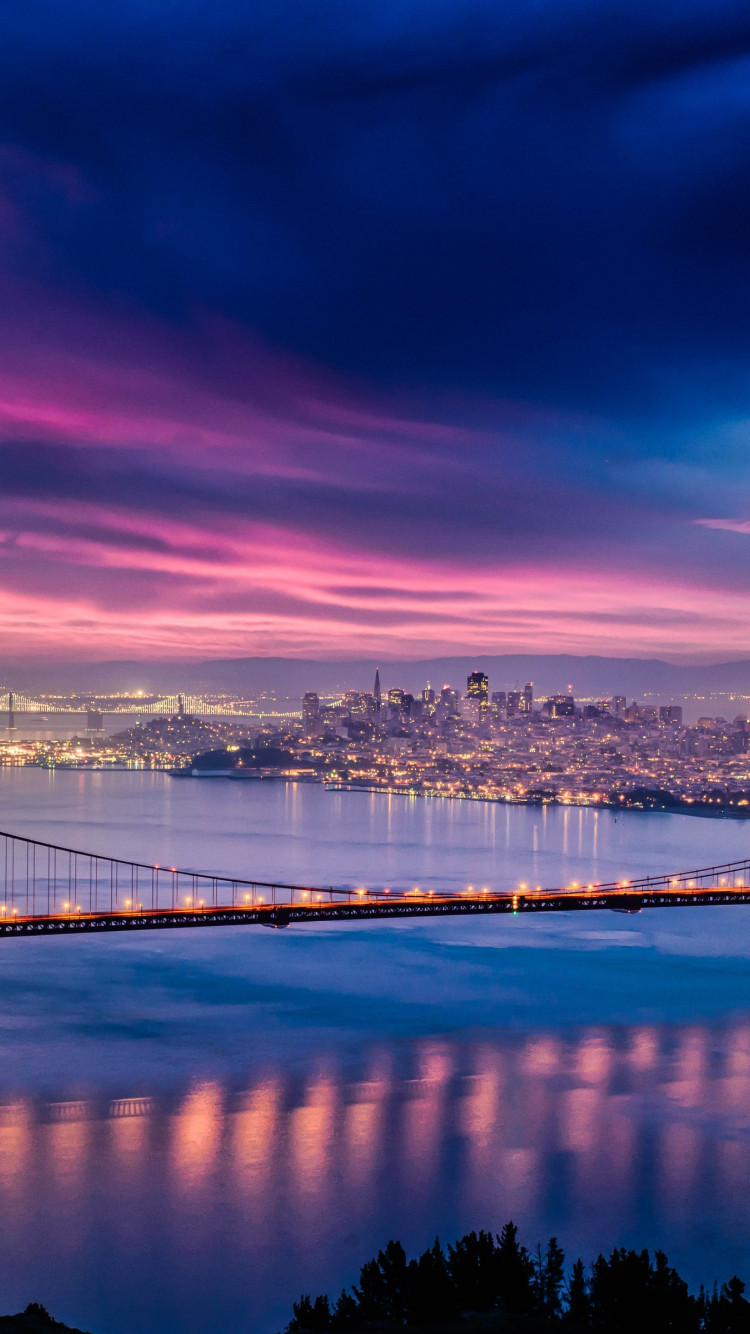 Skyfire over San Francisco Bay Bridge wallpaper 750x1334