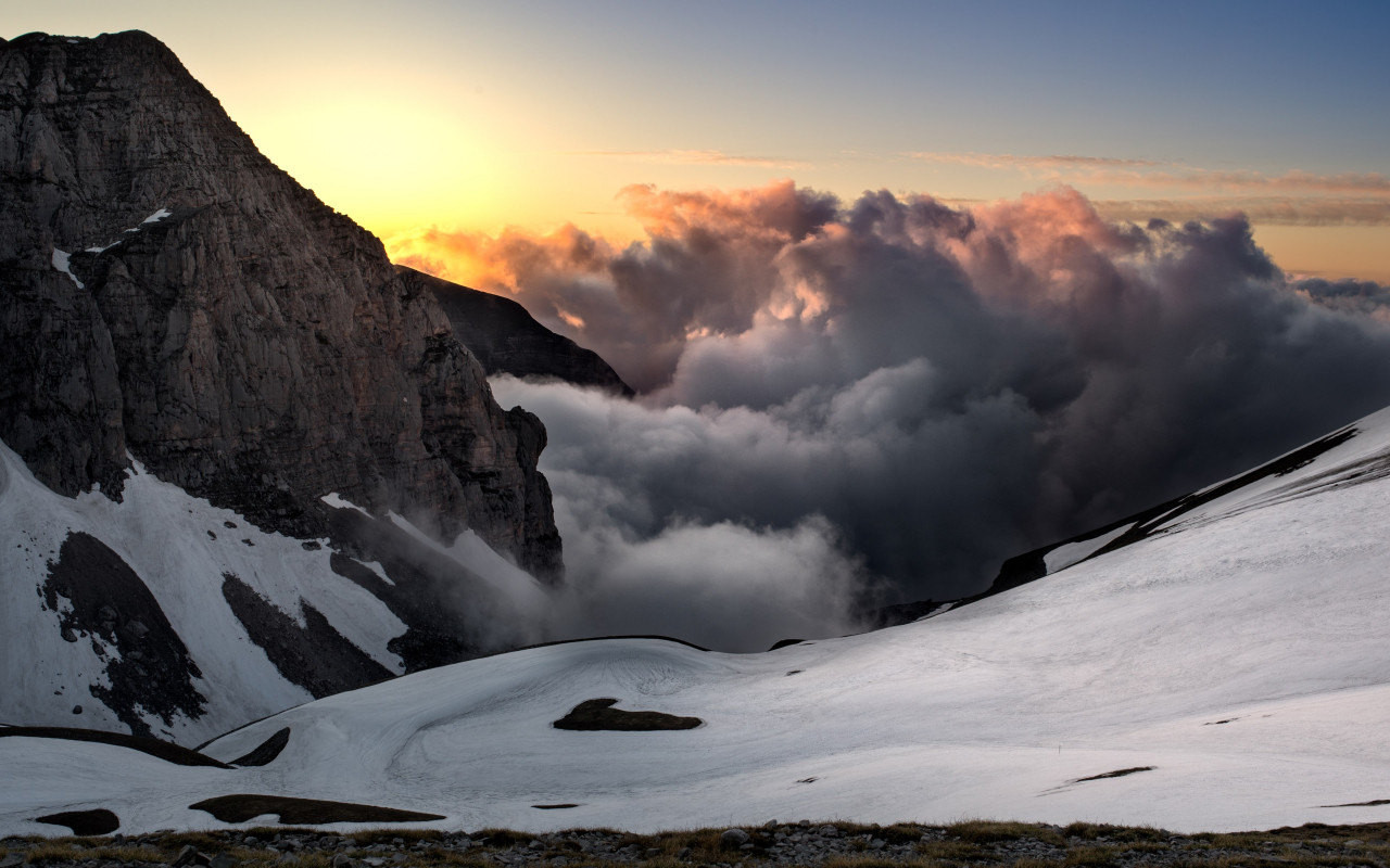 Sunset, snow, mountains, super landscape wallpaper 1280x800