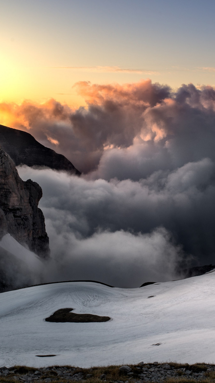Sunset, snow, mountains, super landscape wallpaper 750x1334