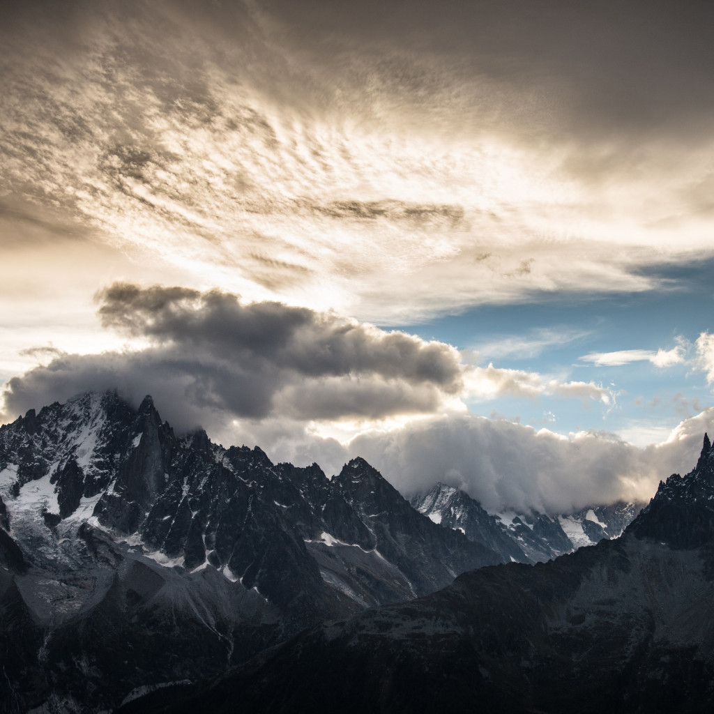 Mountain peaks, clouds, landscape from Chamonix wallpaper 1024x1024
